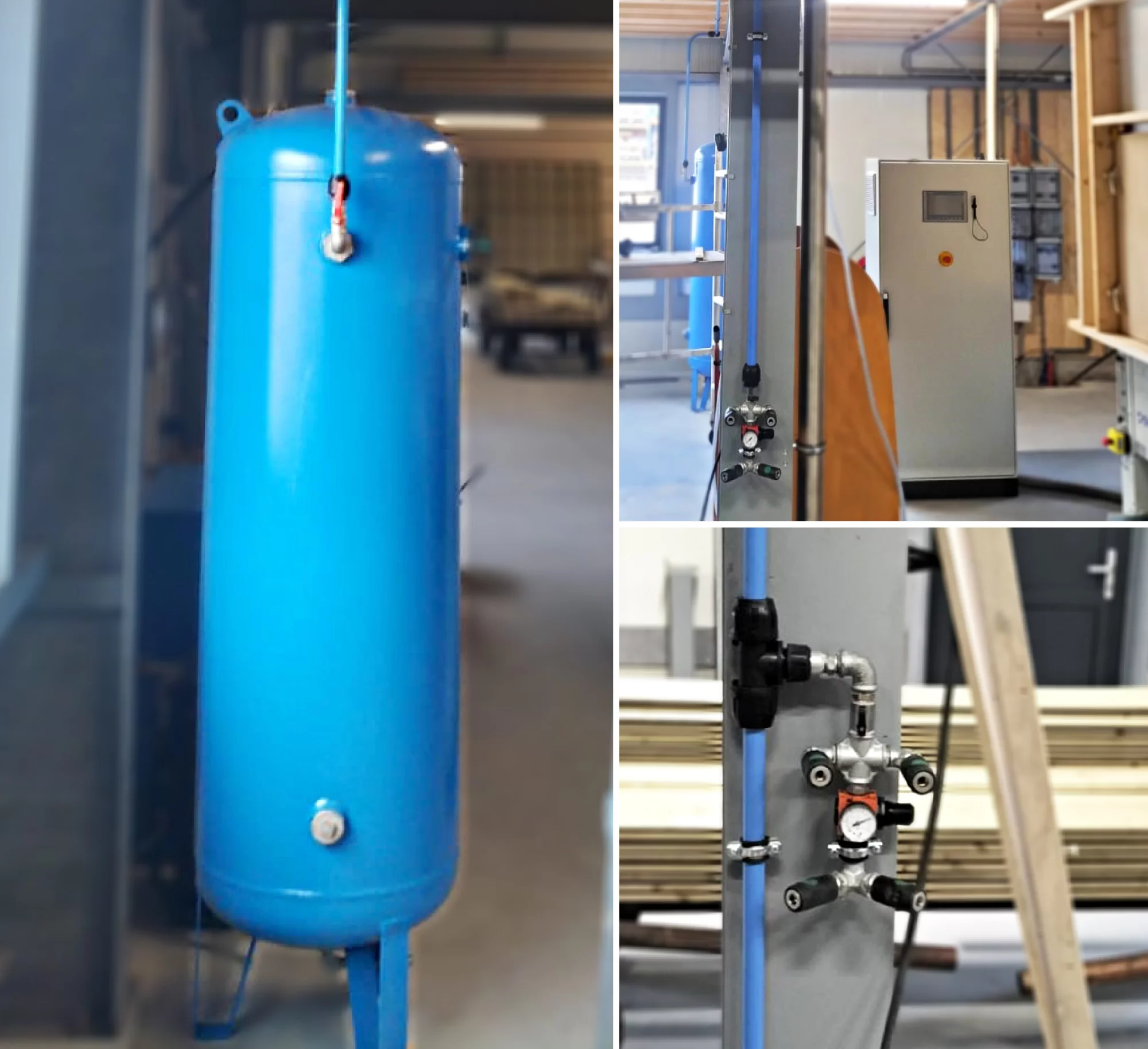 Compressorinstallatie met Dutch Air zuigercompressor, koeldroger, persluchtketel en luchtleidingnetwerk, geleverd door Vosair Compressortechniek op een bouwlocatie.