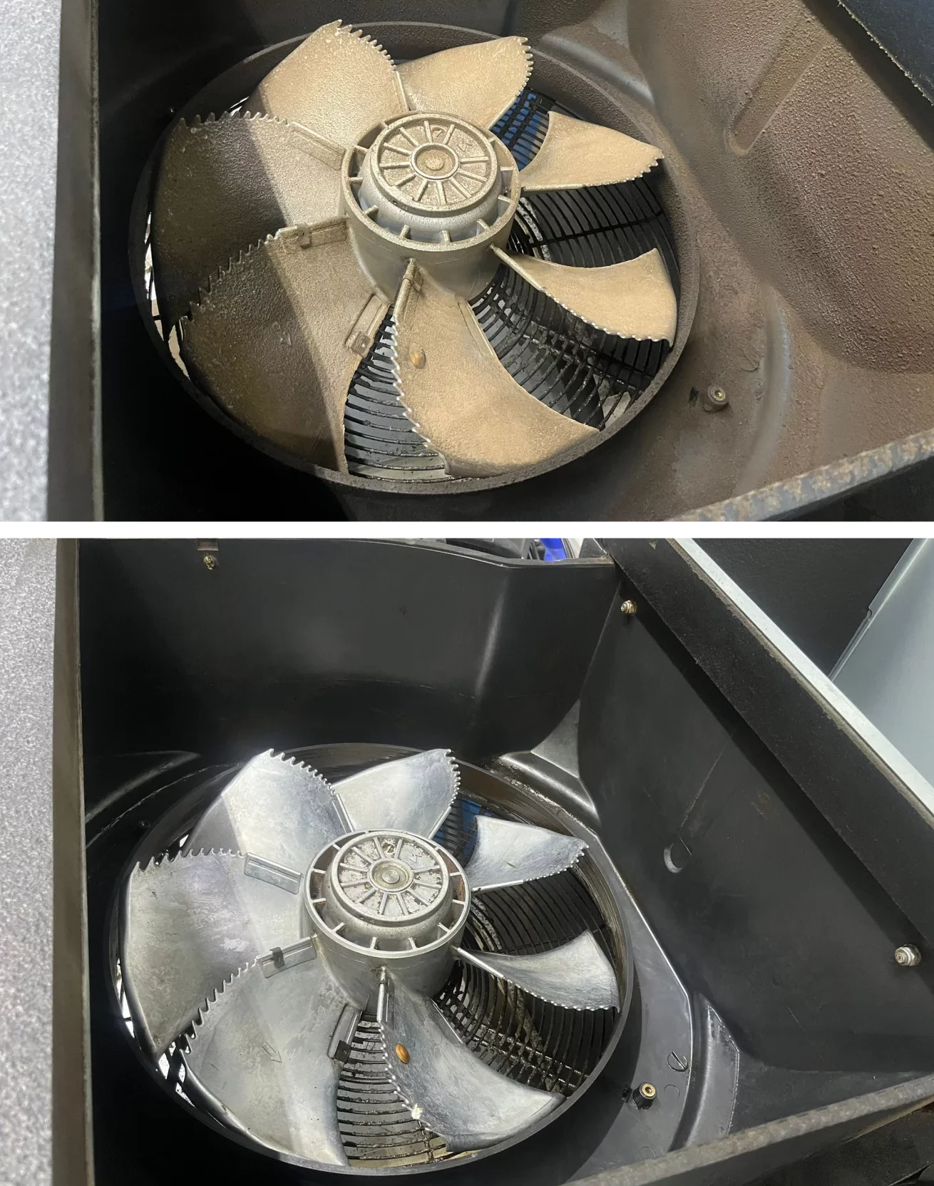 Reinigen van ventilatoren compressoren voor en na situatie
